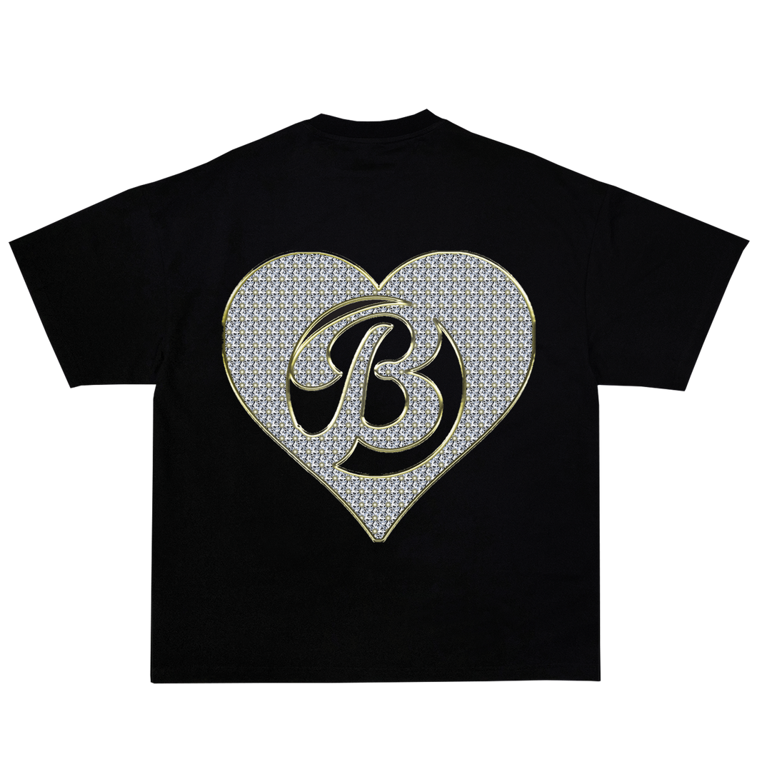 BIL Iced Out Heart Tee | Cropped & Oversized Max Heavyweight 7.5 oz Shirt (Black)